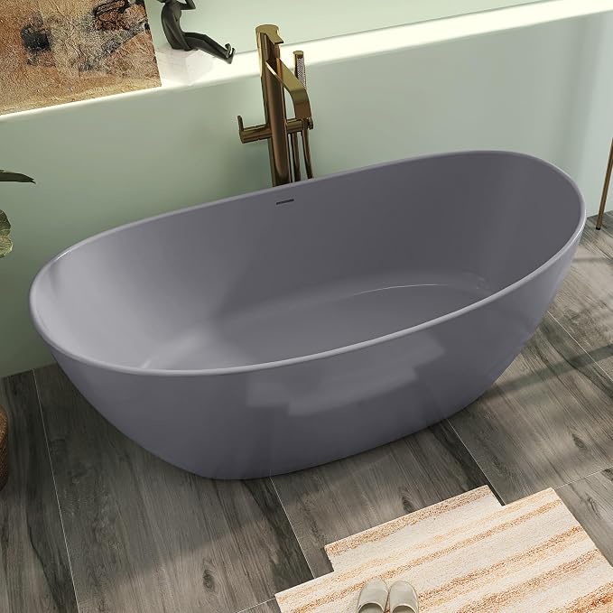 65" Premium Solid Surface Free Standing Bathtub, Upgraded Light Grey Design - Image 2
