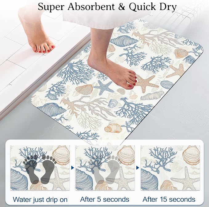 Seashells Starfish Bath Mat, Bathroom Rugs, Absorbent Bath Rug Floor Rug Carpet - Image 3