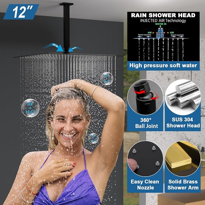 Enga 12 Inch Ceiling Mount Matte Black Shower System - Image 4
