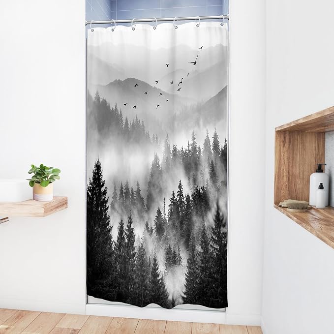 Riyidecor Black and White Shower Curtain 36Wx72H Inch Mountain Rustic Pine Tree - Image 3