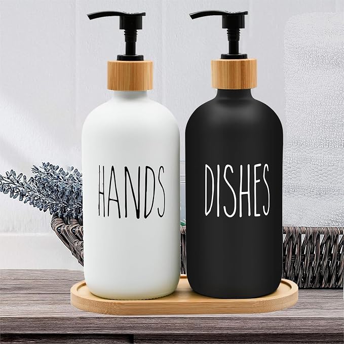16 OZ Thick White & Black Glass Soap Dispenser, Bamboo Pump - Image 5