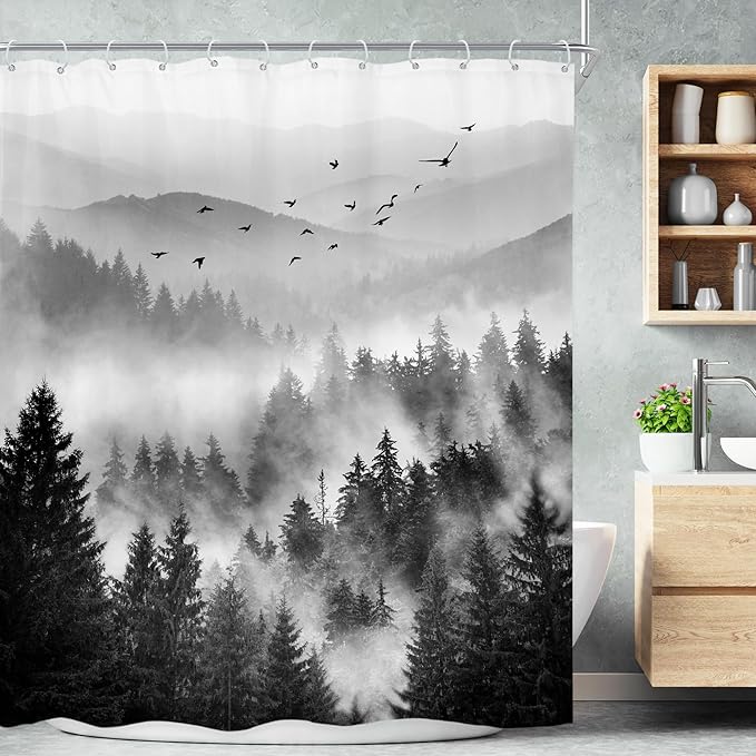 Riyidecor Black and White Shower Curtain 72Wx72H Inch Mountain Scenery Nature by Riyidecor