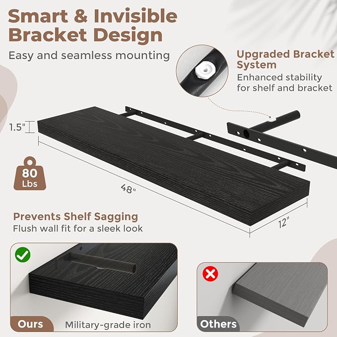 48 Inch Long Floating Shelves for Wall Set of 2, Easy Install Engineered Wood - Image 3