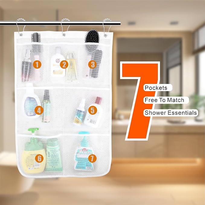 Shower Organizer, Mesh Shower Caddy Quick Drying Hanging, 7 Pockets - Image 3