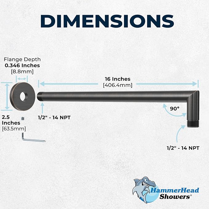 HammerHead Showers® Solid Metal 16 Inch Extended Shower Arm and Flange - Image 5