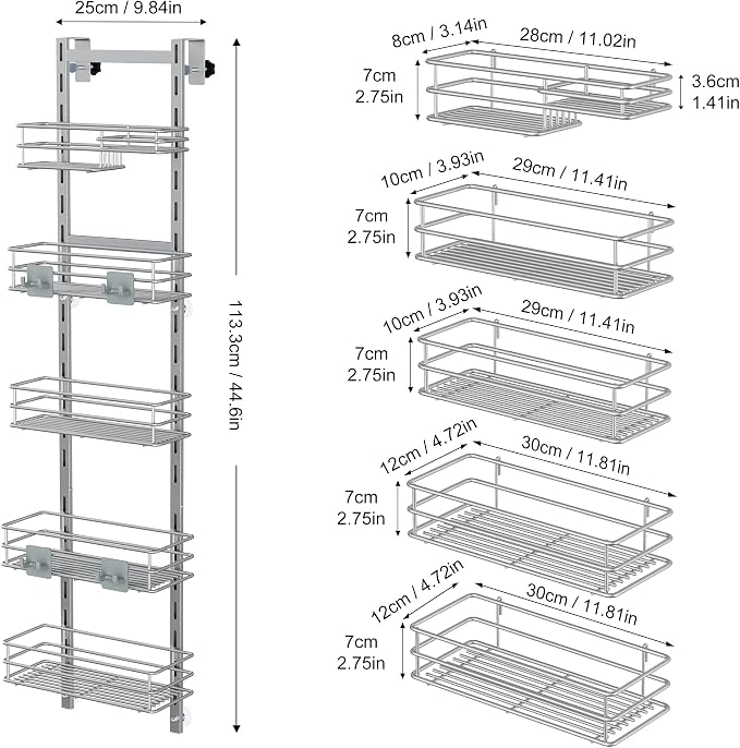 Orimade Over the Door Shower Caddy Adjustable 5 Tier Silver Grey, Bathroom - Image 8