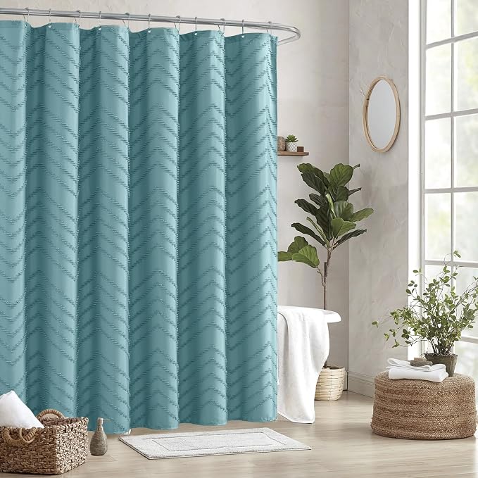Teal Shower Curtain Boho Farmhouse Shower Curtain 72 x 72 Tufted Chevron - Image 7