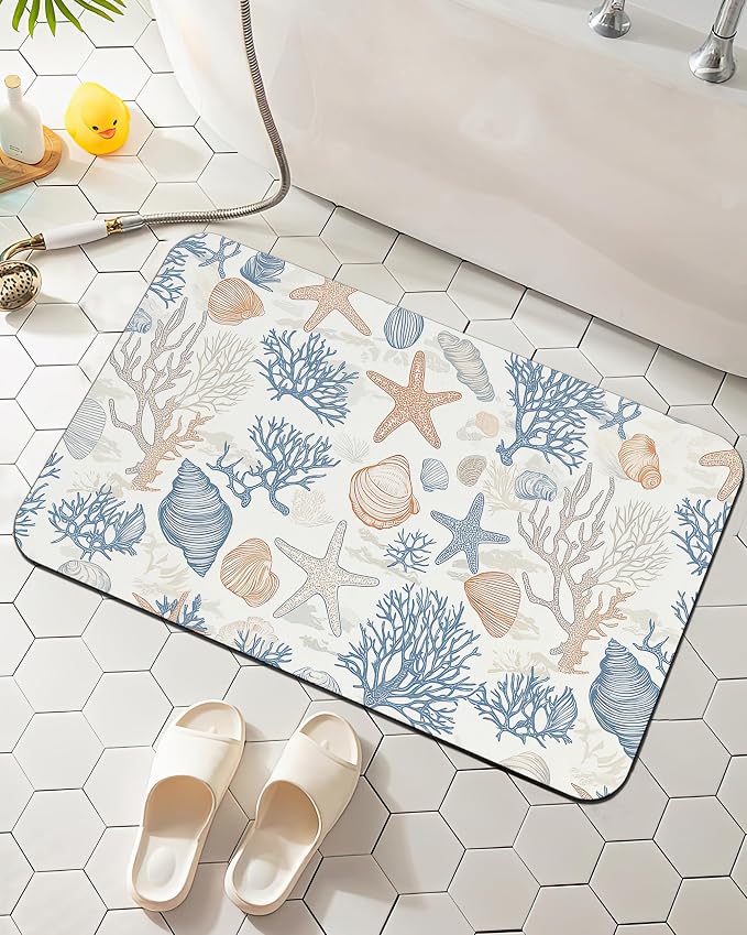 Seashells Starfish Bath Mat, Bathroom Rugs, Absorbent Bath Rug Floor Rug Carpet by Elightvap