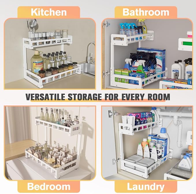 Under Sink Organizer 2 Pack, Metal Large Capacity 2-Tier Sliding Cabinet - Image 7