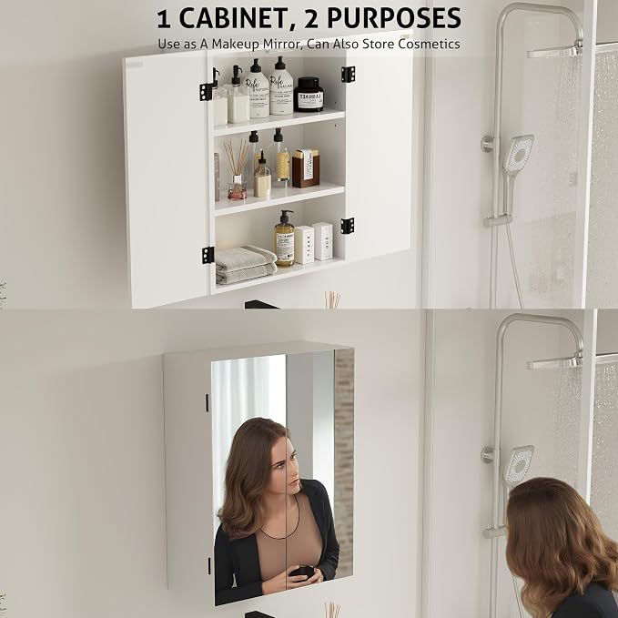 eclife 24" Bathroom Medicine Cabinet W/Mirror, Double Doors Bathroom White Wall - Image 4