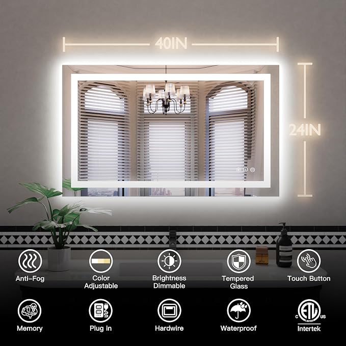 ISKM 40'' x 24'' LED Mirror for Bathroom Lighted Vanity Mirror for Wall Front - Image 7