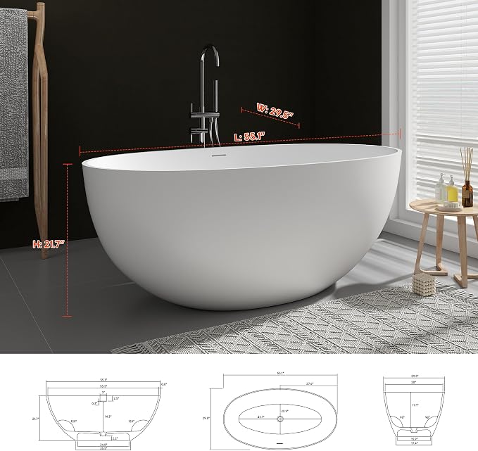 SJ STAR&JANE 55" Solid Surface Freestanding Bathtub, Stone Resin Oval Soaking - Image 8