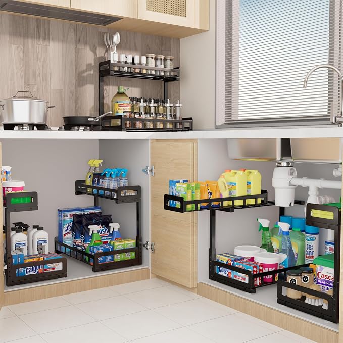 Under Sink Organizer, Metal Large Capacity 2-Tier Sliding Cabinet Storage Rack - Image 8