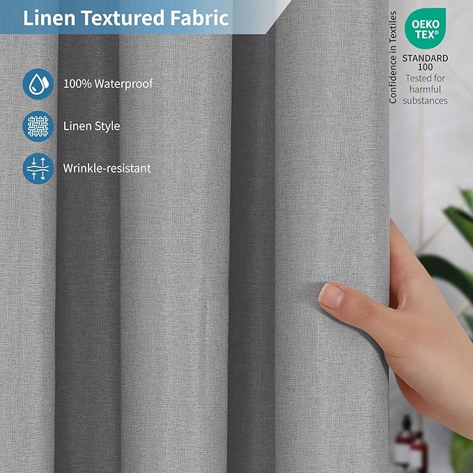2-in-1 Waterproof Long Fabric Shower Curtain or Liner, Linen Textured, 78 Inch - Image 2