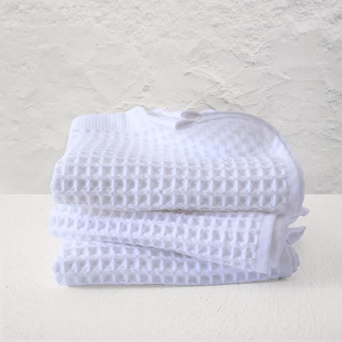 PÜSKÜL Organic Waffle Hand & Kitchen Towel 100% Turkish Cotton Set of 3 White by P%C3%BCsk%C3%BClTextile