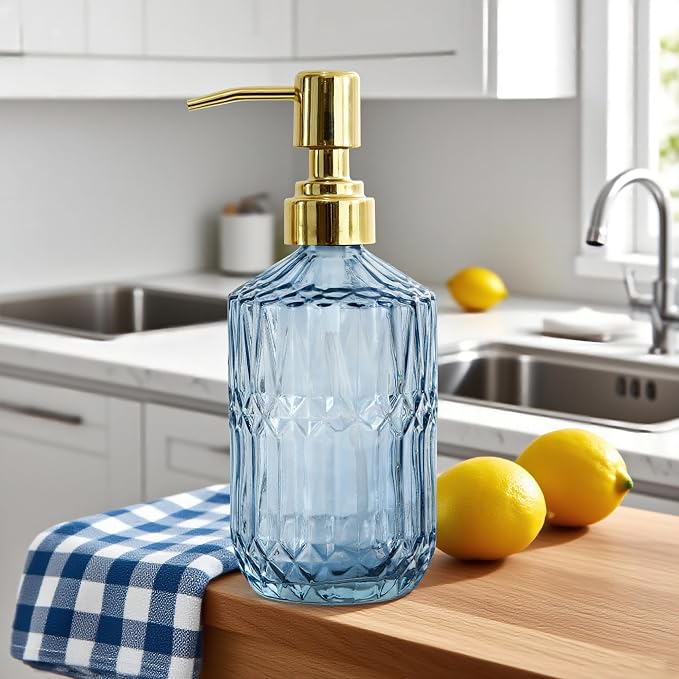 18oz Blue Glass Soap Dispenser, Refillable Kitchen, Bathroom Thick Glass Soap - Image 4