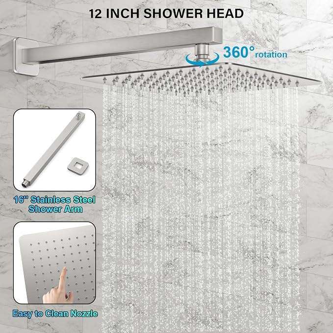 Shower Faucet Set Bathroom Square Rain Shower Head and Handle Set, Wall Mounted - Image 3
