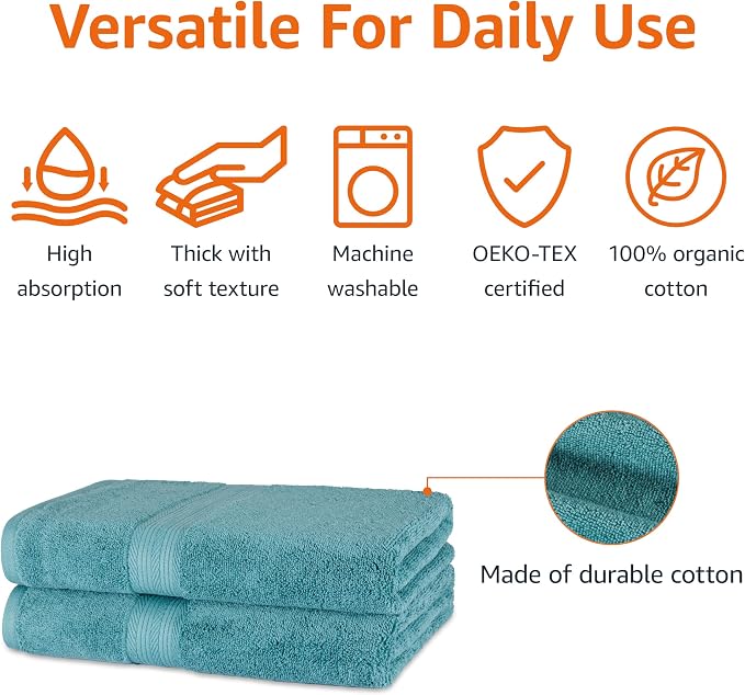 Amazon Basics Fade-Resistant 100% Cotton Bath Towel, 2 Pack, Teal Green - Image 2