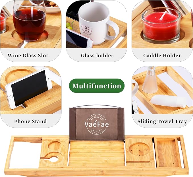 VaeFae Bamboo Bathtub Caddy Tray, Expandable Bath Tray - Image 4