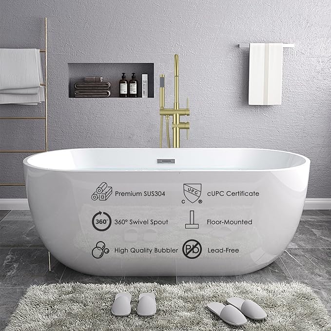 Freestanding Tub Faucet Floor Mount Tub Fillers, Senhozi Brushed Gold Free - Image 4