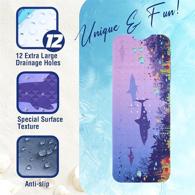 Blue Sea Bathtub Mat Non Slip for Kids 40x16in Extra Long Shark Ocean Whale - Image 3