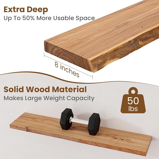 Floating Shelves for Wall Decor, Rustic Solid Elm Wood Live Edge Floating - Image 5