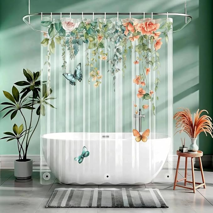 Clear Colorful Floral Butterfly Shower Curtain Liner, Plastic Pretty Pink and - Image 8