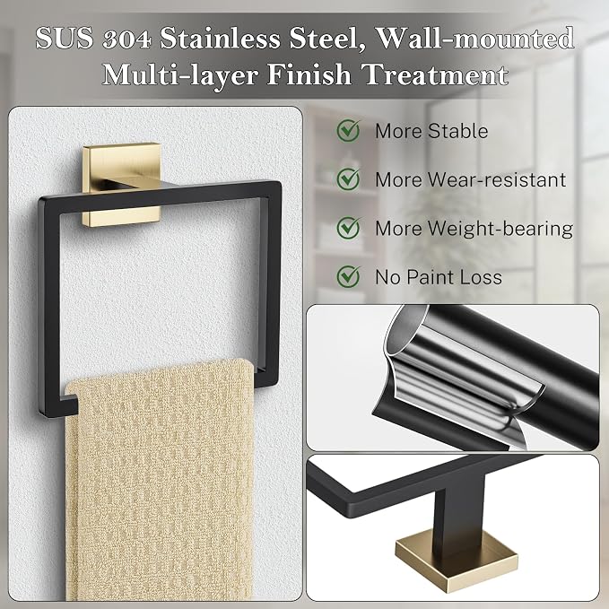 Black and Gold Towel Ring Square Hand Towel Holder Towel Hanger Bathroom - Image 3