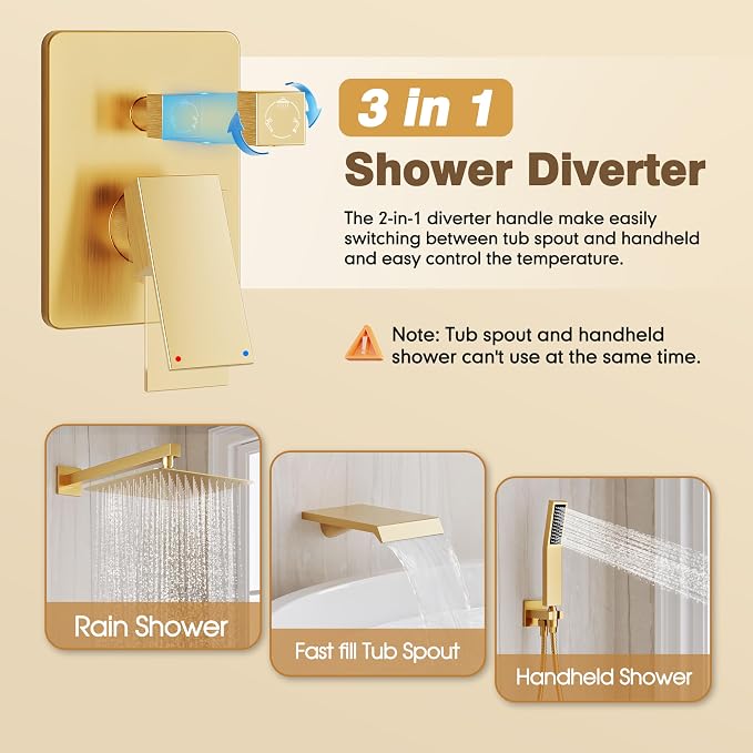 Shower System with Tub Spout, All Metal Tub Shower Faucet Set with 12-Inch Rain - Image 6