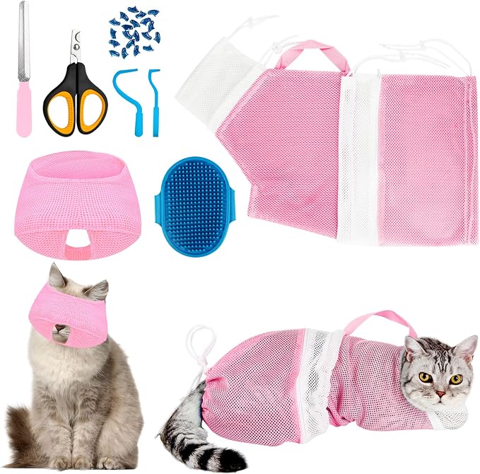 Cat Bathing Bag Set 8 PCS with Cat Shower Net Bag Breathable Mesh Cat Muzzle by AMEAMI