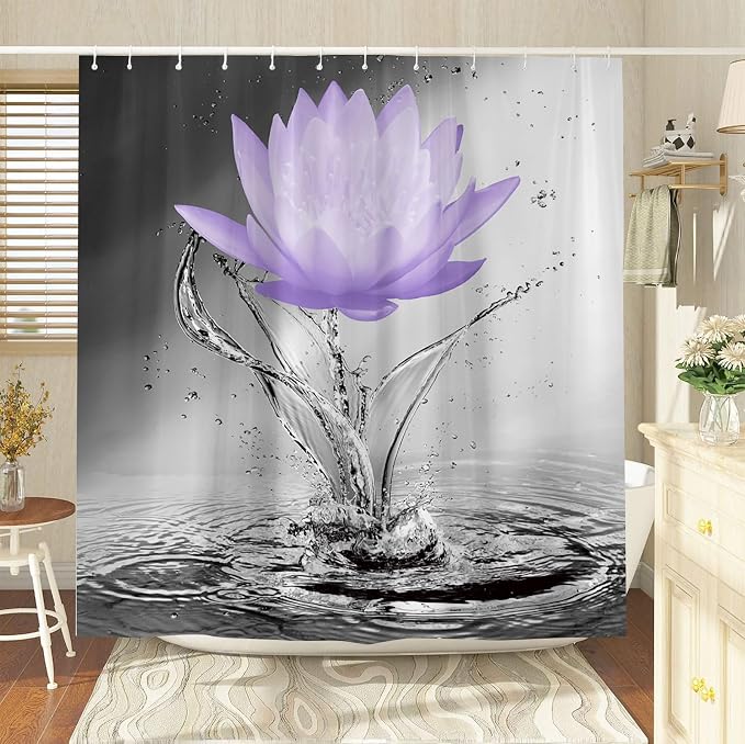 Lotus Shower Curtain Black White Grey Violet Flower Elegant Blooming Floral - Image 3