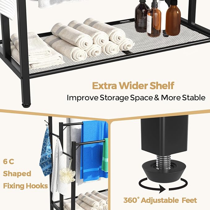 3 Tier Towel Rack with Large Storage & 6 Hooks, Blanket Rack - Image 3