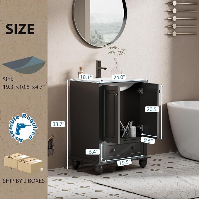 eclife 24" Bathroom Vanity Sink Combo Vintage Style - Image 3