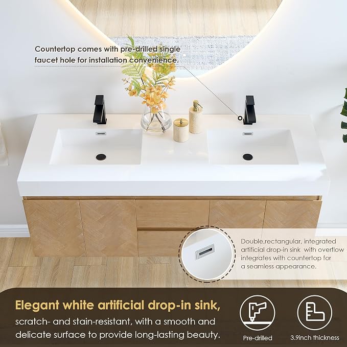 60 Inch Floating Sink Bathroom Vanity Wall Mount Double Vanities Overflow - Image 8
