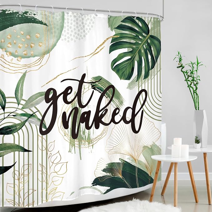 Green Boho Shower Curtain 72Wx72H Sage Green Golden Get Naked Abstract - Image 3