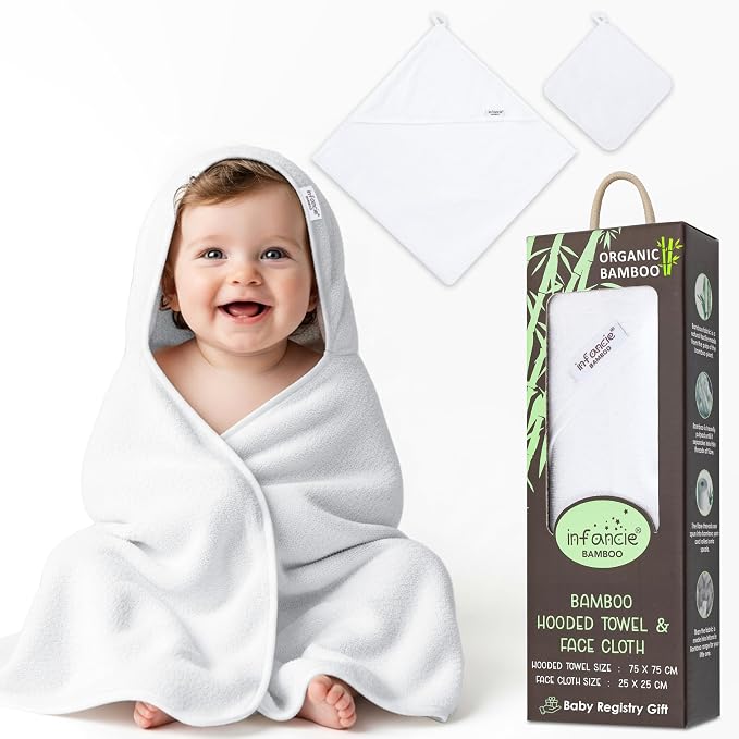 Bamboo Hooded Baby Towel with Face Cloth – 1 Hooded Towel & 1 Washcloth – Ultra by Infancie