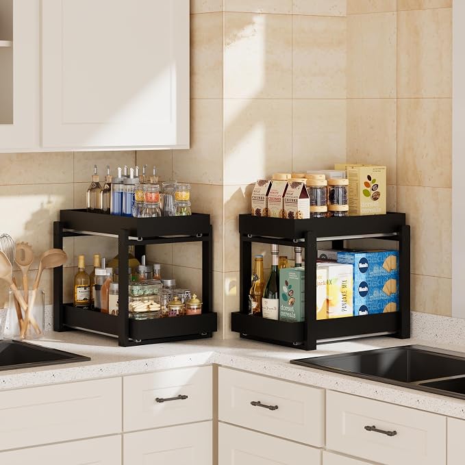 2 Pack Under Sink Organizer, Bamboo Wooden 2-Tier Pull-Out Storage - Image 4