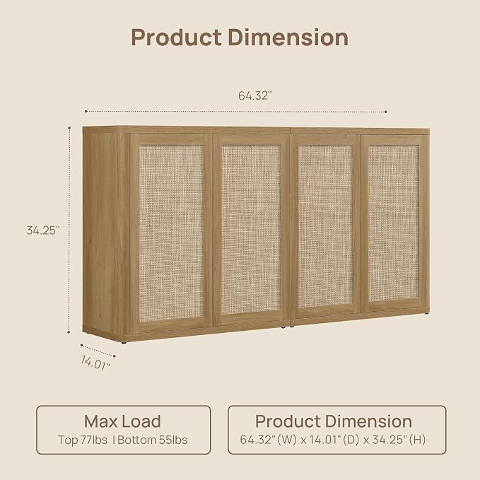SICOTAS 64" Rattan Modular Buffet Sideboard Storage Cabinet - Image 2