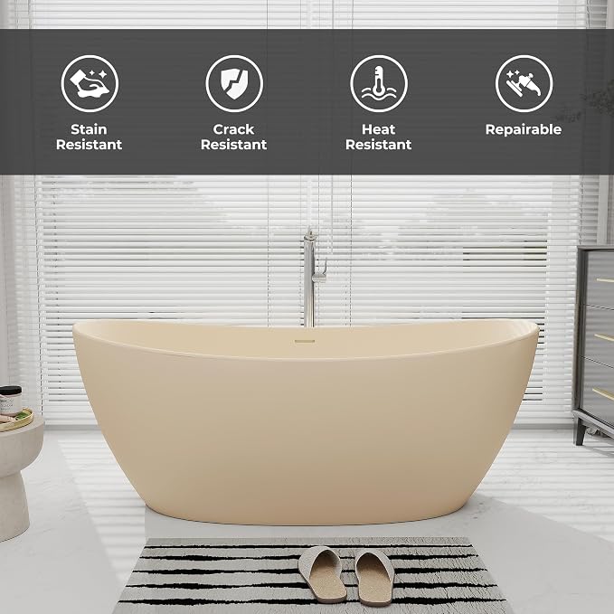 SJ STAR&JANE 65" Solid Surface Freestanding Bathtub Stone Resin Soaking Tub - Image 3
