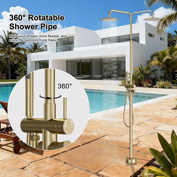 RBROHANT Freestanding Outdoor Shower Gold, Height Adjustable Stainless Steel - Image 2