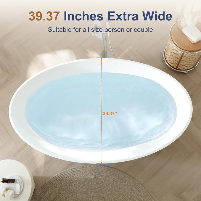 SJ STAR&JANE 67" x 39" Matte White Solid Surface Freestanding Bathtub, Oval - Image 3