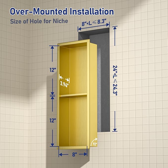 Stainless Steel Shower Niche 8"×24" Gold Double Shelf No Tiled Needed Niche - Image 3