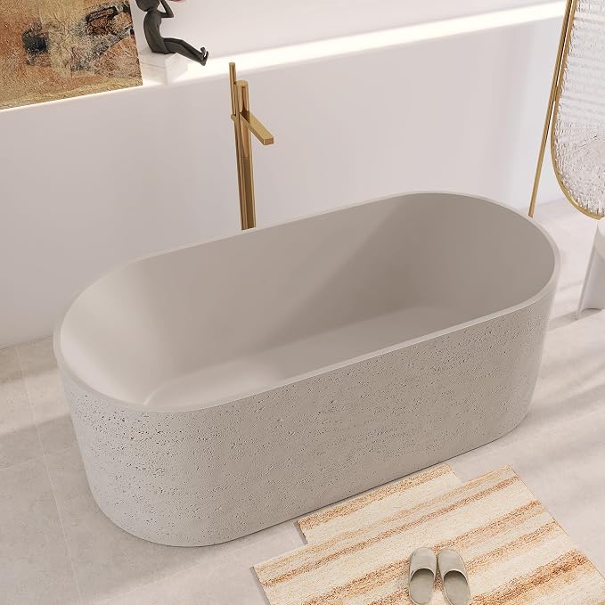 63" Premium Travertine Solid Surface Freestanding Bathtub, Unique Matte - Image 2