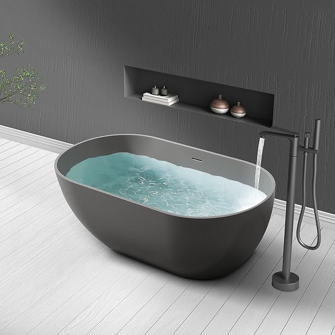 SJ STAR&JANE 59" Solid Surface Freestanding Bathtub Oval Stone Resin Soaking - Image 2