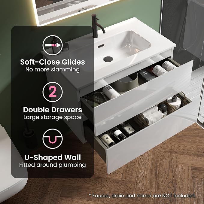 30" Bathroom Vanity with Sink, Modern Floating Vanity with Double Soft Closing - Image 6