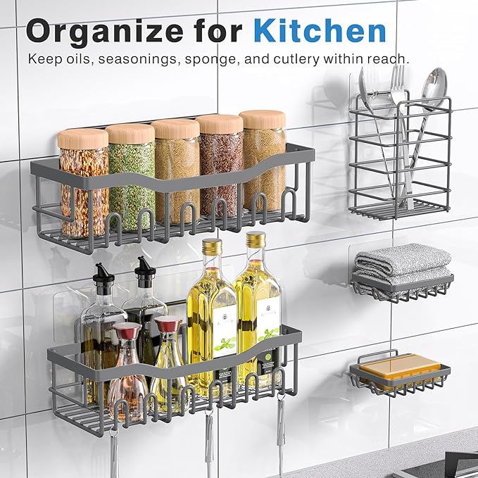 EUDELE 5-Pack Rustproof Stainless Steel Shower Caddy Set– No Drill Adhesive - Image 6