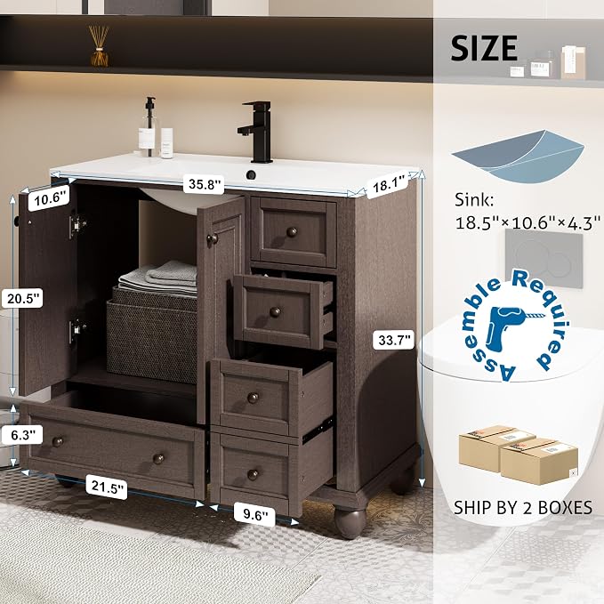 eclife 36" Bathroom Vanity Sink Combo Vintage Style - Image 2