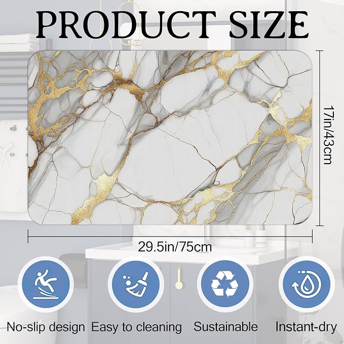 Bath Mat White Gold Marble Bathroom Rug, Soft and Non Slip Abstract Bath Rugs - Image 2