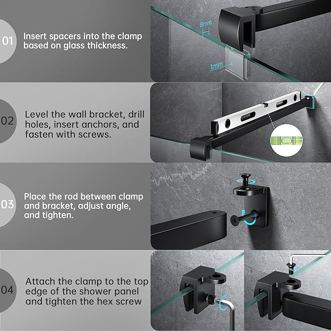 Frameless Shower Door Support Bar, Stainless Steel Wall-to-Glass Support Arm to - Image 4