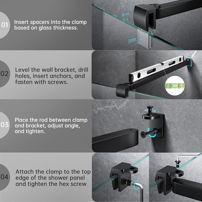 Frameless Shower Door Support Bar, Stainless Steel Wall-to-Glass Support Arm to - Image 4